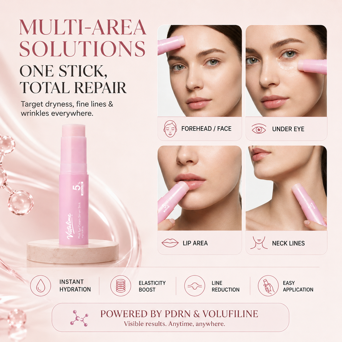 Vistalime Pink Eye Cream Serum Stick—Smooths Wrinkles, Firms Skin, Anti-Aging Care